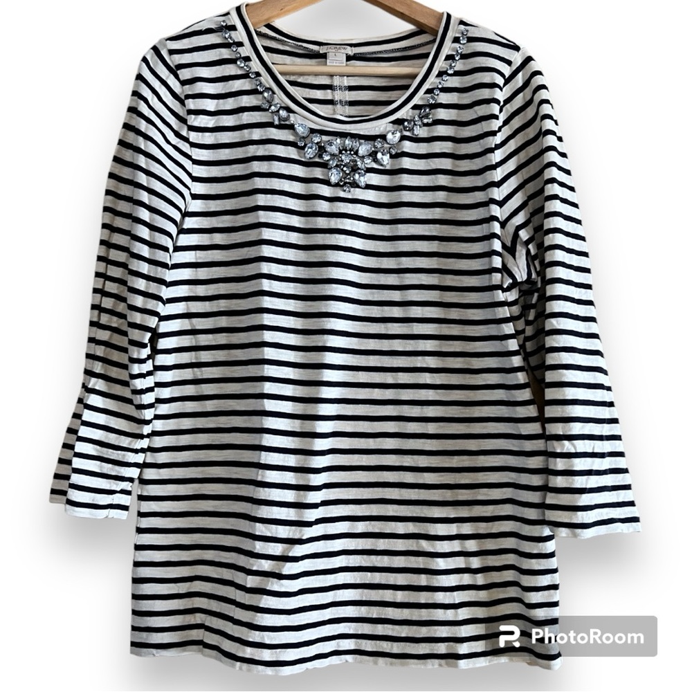 • 3/$15 • J. Crew striped top with bejeweled neckline - size L